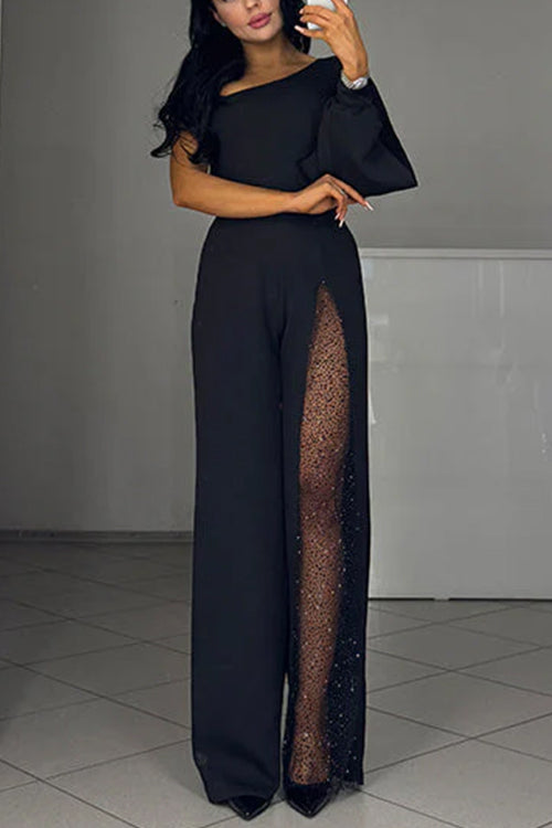 Heididress Stylish One Shoulder Slit Long Sleeve Mesh Splice Wide Leg Jumpsuit