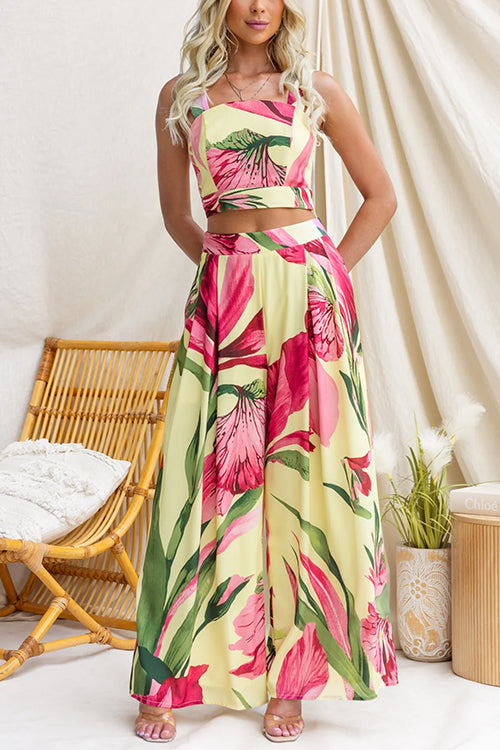 Sleeveless Crop Top and Wide Leg Pants Printed Set