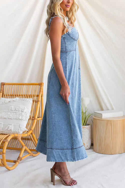 Sleeveless Zipper Up Front Denim Swing Midi Dress