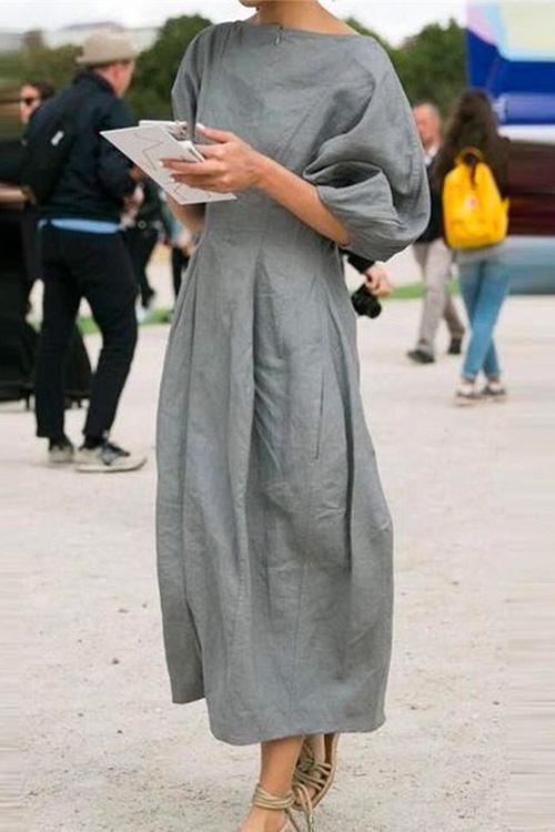 Heididress Lantern Sleeve Ruched Midi Cotton Linen Dress