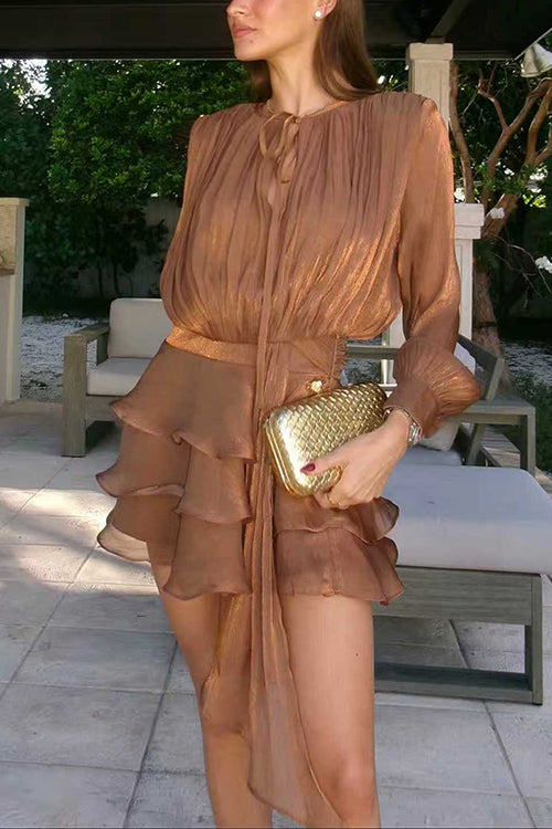 Heididress Lantern Long Sleeves Draped Ruffle Layered Mini Dress with Shorts