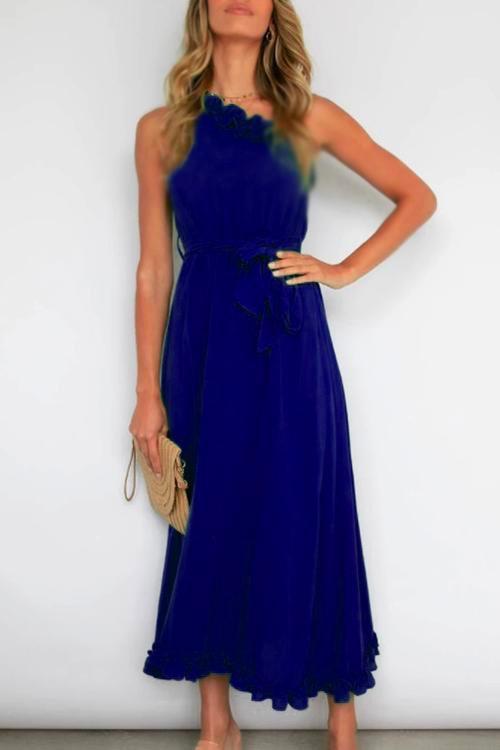 Heididress One Shoulder Sleeveless Tie Waist Ruffle Swing Dress