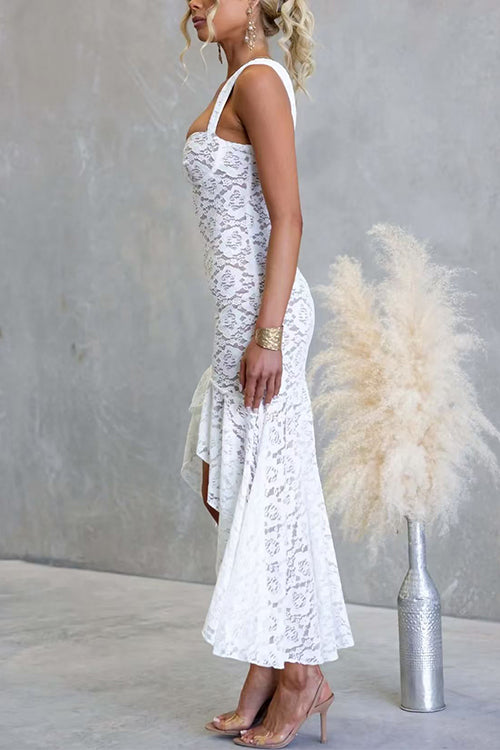 Sleeveless Lace High Low Hem Ruffle Maxi Dress