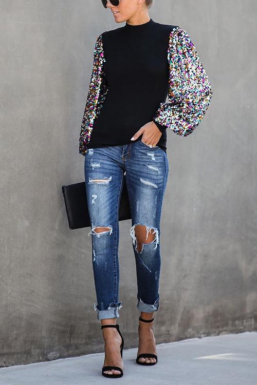 Heididress Creneck Sequin Lantern Sleeve Knitting Blouses