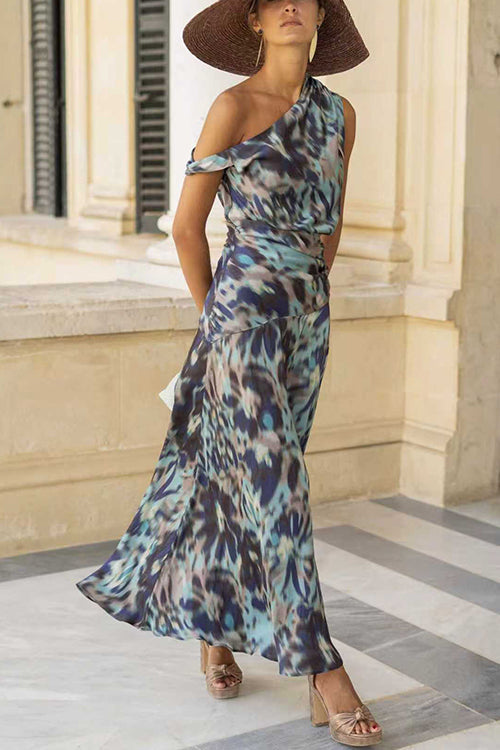 Asymmetrical Shoulder Printed Ruffle Hem Flowy Maxi Dress