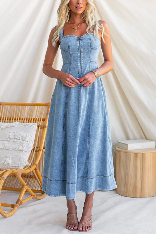 Sleeveless Zipper Up Front Denim Swing Midi Dress
