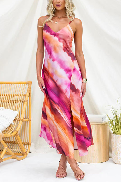 Adjustable Strap V Neck Tie Dye Slit Midi Dress