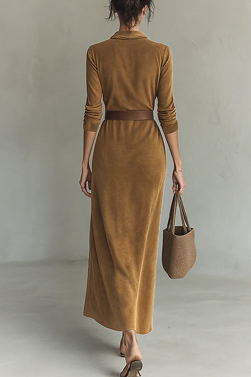 Heididress Long Sleeves Button Up Faux Suede Belted Maxi Dress