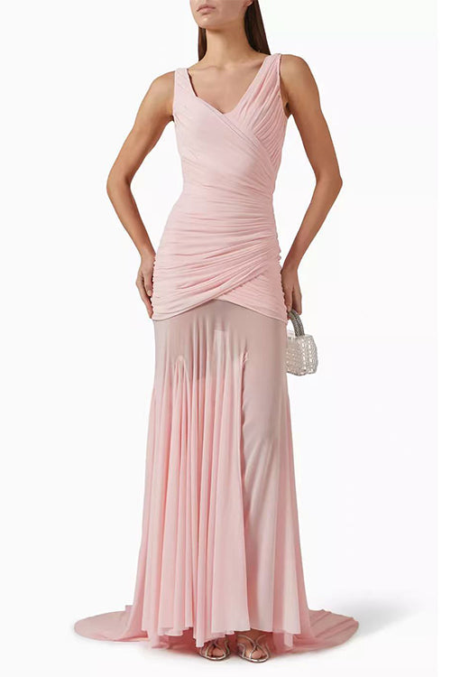 V Neck Sleeveless Splice Ruched Maxi Dress