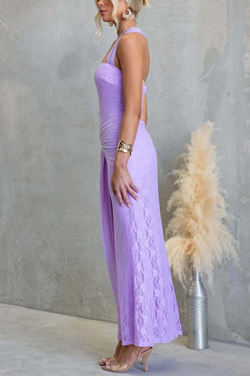 Square Neck Sleeveless Ruched Knot Lace Maxi Dress