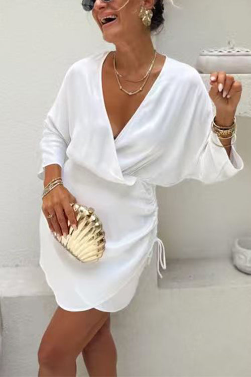 Wrap V Neck Side Drawstring Satin Mini Dress