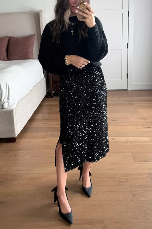 Heididress Side Slit Glitter Sequin Midi Skirt