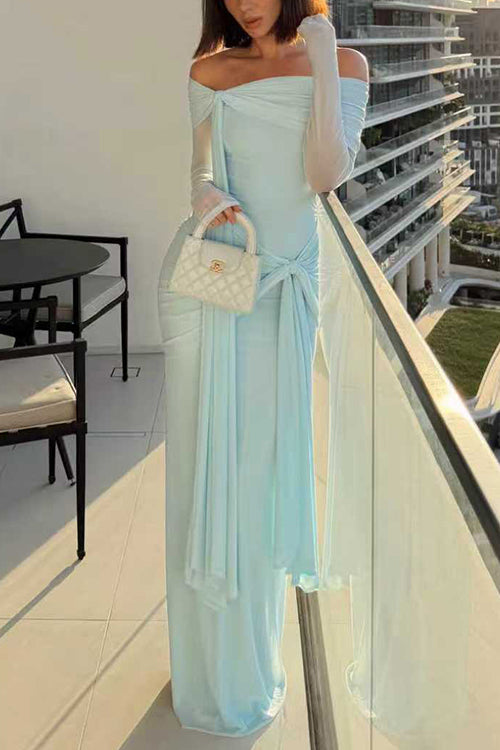 Heididress Off Shoulder Long Sleeves Knot Waist Draped Maxi Dress