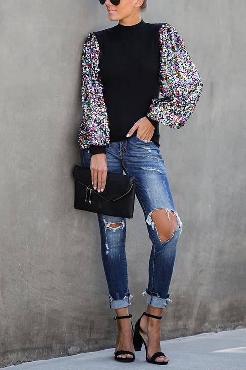 Heididress Creneck Sequin Lantern Sleeve Knitting Blouses