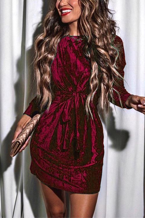 Heididress Tie Waist Velvet Holiday Dress(in 4 Colors)