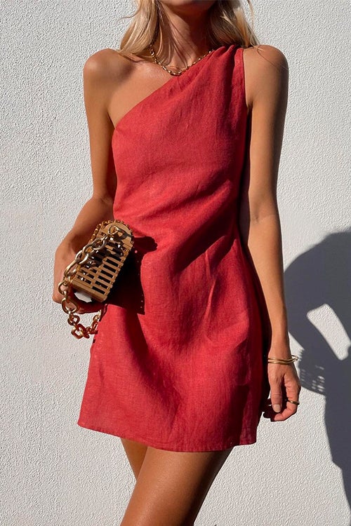 Heididress Sue One Shoulder Cotton Linen Mini Dress