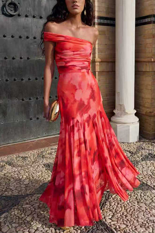 Off Shoulder Ruched Crop Top High Rise Maxi Skirt Printed Set