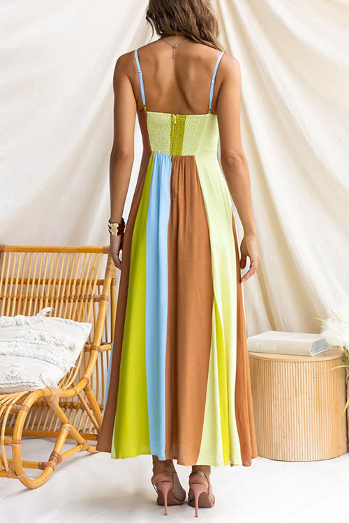 Adjustable Strap Striped Color Block Pocketed Maxi Dress