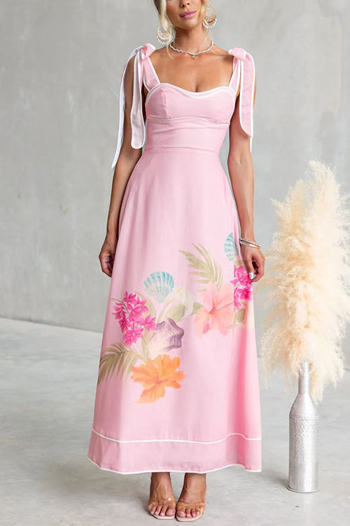 Bow Shoulder Sleeveless Floral Print Swing Maxi Dress