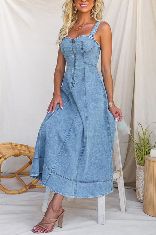 Sleeveless Zipper Up Front Denim Swing Midi Dress