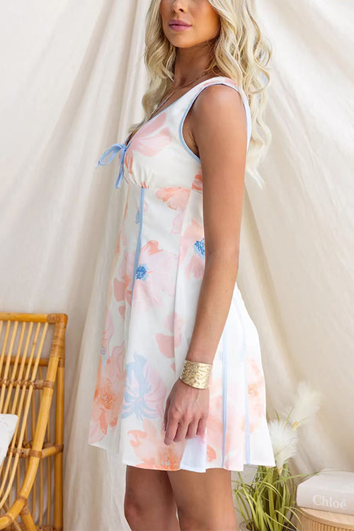 V Neck Sleeveless Floral Print Mini Dress