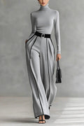Heididress Turtleneck Long Sleeves Top and Color Block Wide Leg Pants Set