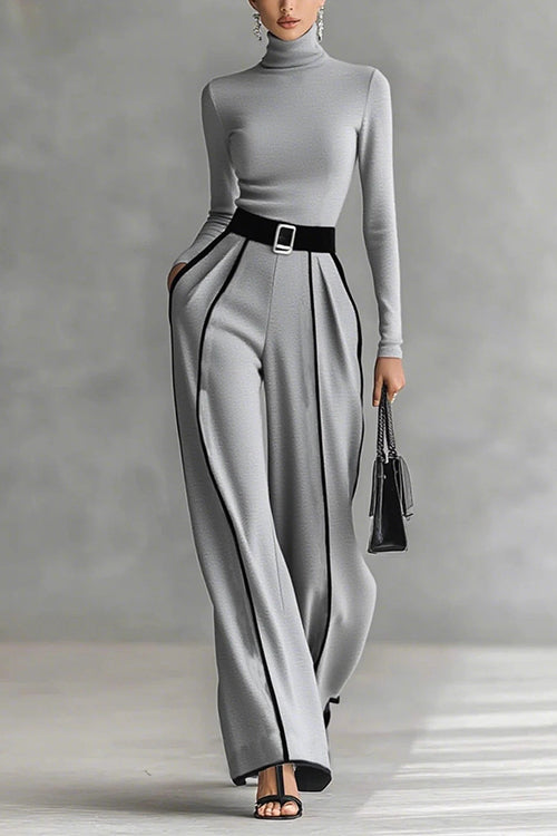 Heididress Turtleneck Long Sleeves Top and Color Block Wide Leg Pants Set
