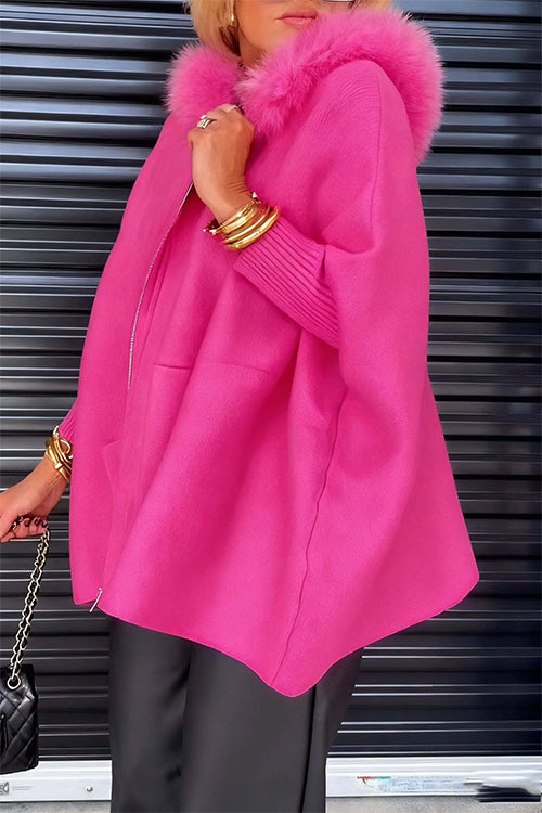 Heididress Dolman Sleeves Zipper Up Pocketed Jacket with Faux Fur Hood