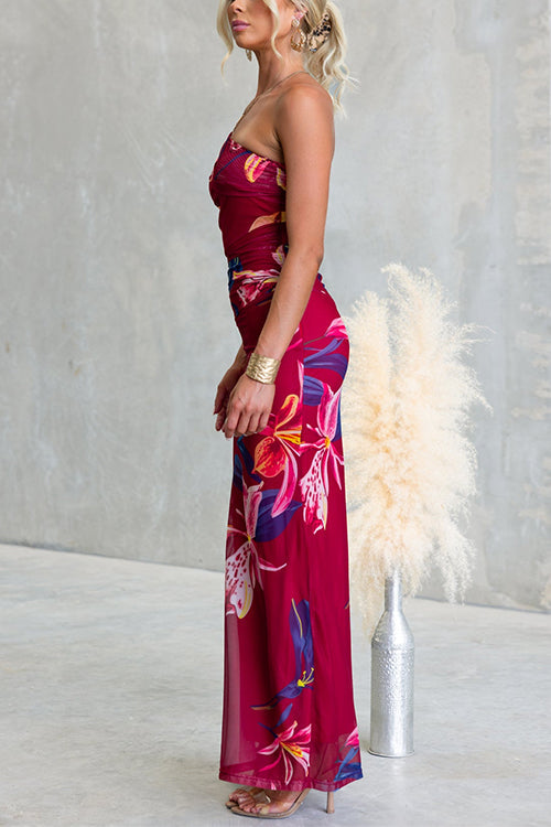 Asymmetrical Shoulder Floral Print Bodycon Maxi Dress