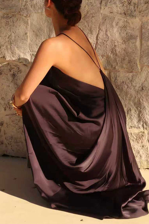 Sleeveless Open Back Solid Satin Maxi Dress