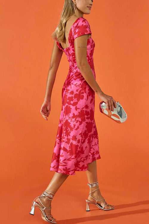 Twist Front High Waist Floral Print Midi Dress