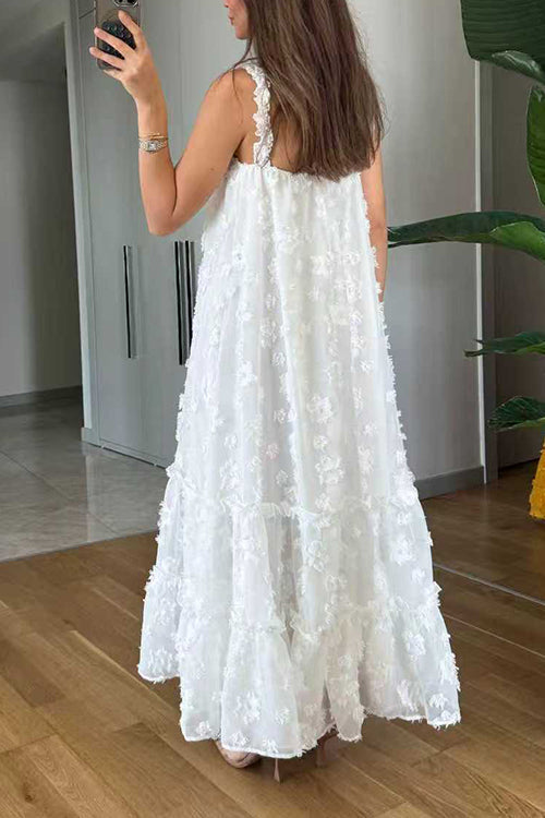 Heididress V Neck Sleeveless Flower Applique Ruffle Maxi Dress
