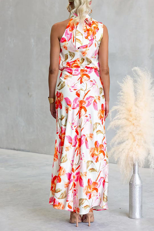 Asymmetrical Shoulder Sleeveless Waisted Floral Print Maxi Dress