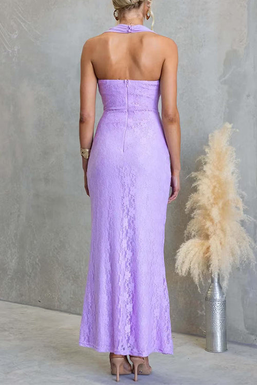 Square Neck Sleeveless Ruched Knot Lace Maxi Dress