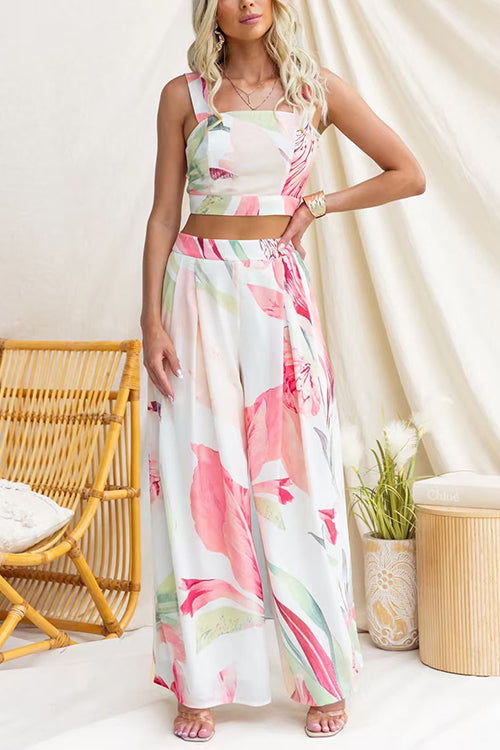 Sleeveless Crop Top High Rise Wide Leg Pants Printed Set