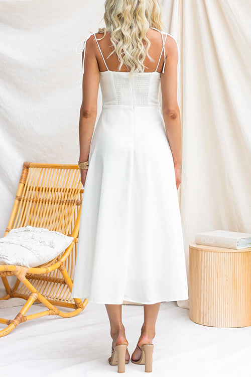 Tie Shoulder Sleeveless Coconut Tree Print Midi Dress