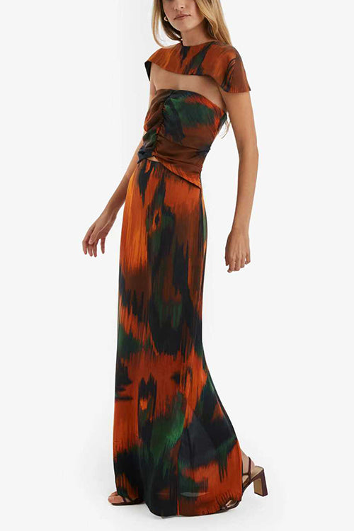 Strapless Cut Out Waist Back Slit Printed Maxi Dress