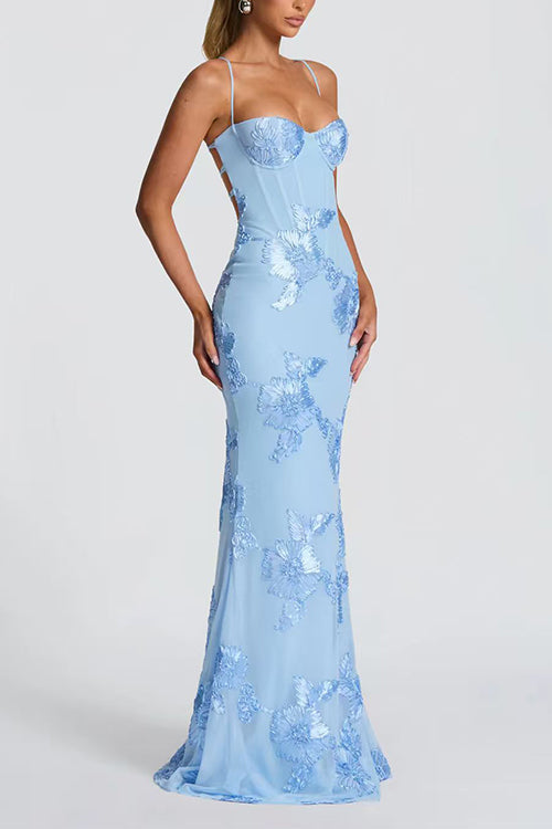 Heididress Backless Lace-up Corset Flower Embroidery Maxi Cami Dress