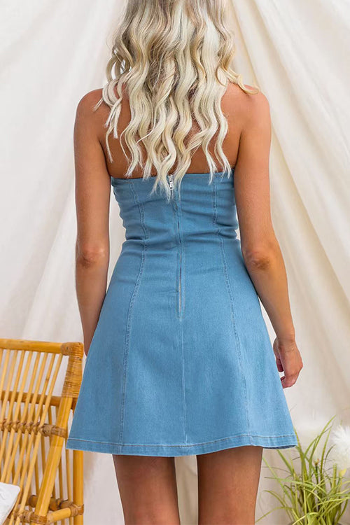 Strapless Tube Zipper Back Embroidered Denim Mini Dress