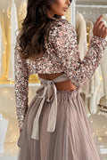 Crewneck Long Sleeves Bow Back Sequin Crop Top