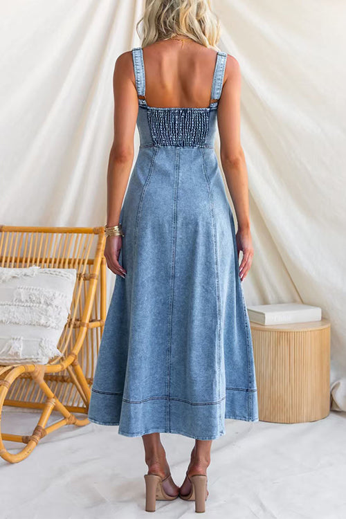 Sleeveless Zipper Up Front Denim Swing Midi Dress
