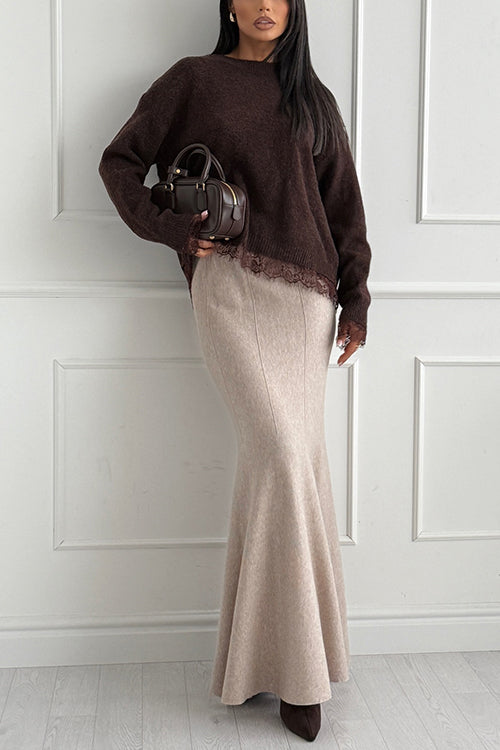 Crewneck Back Slit Lace Patchwork Sweater