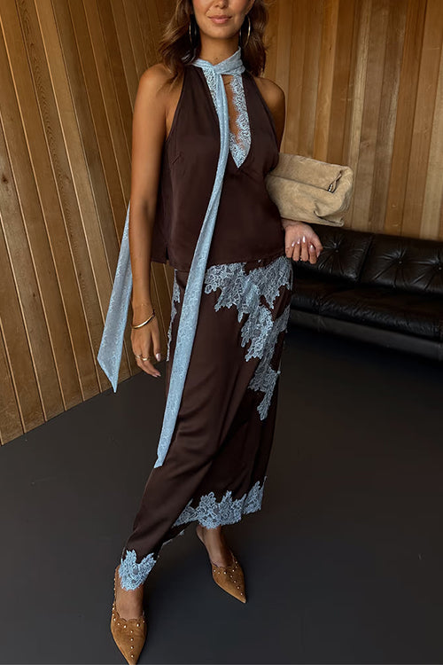 Chic High Waist Lace Trim Satin Maxi Skirt