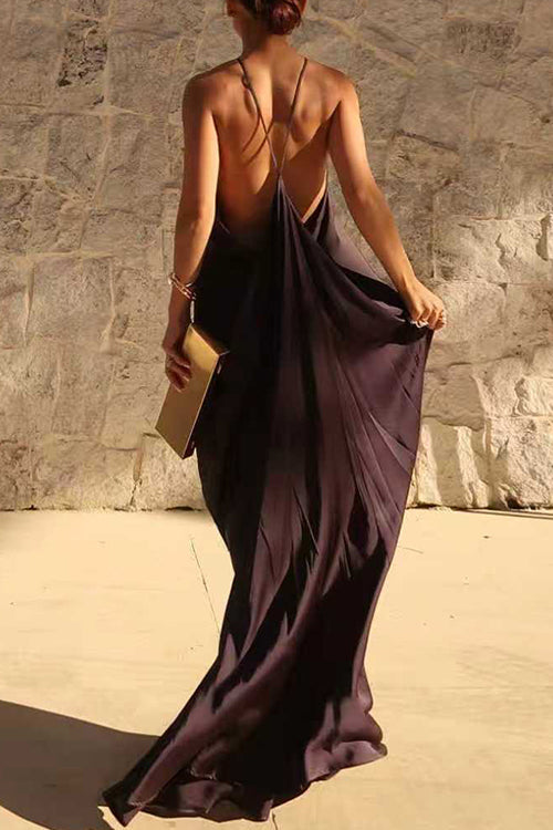 Sleeveless Open Back Solid Satin Maxi Dress