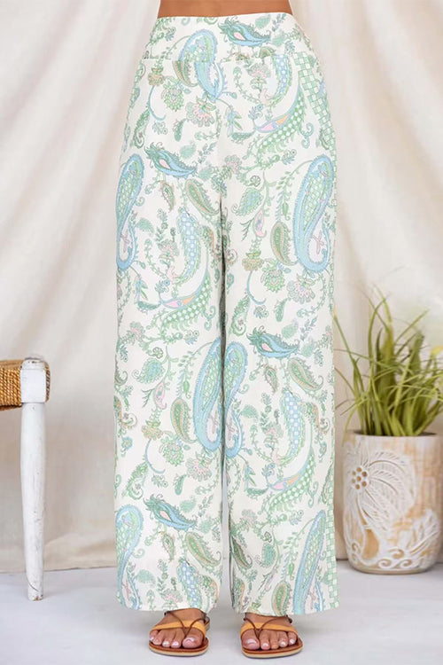 Elastic Waist Paisley Print Pocketed Wide Leg Pants