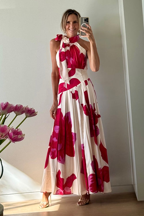 Bow Neck Sleeveless Floral Print Pleated Maxi Dress