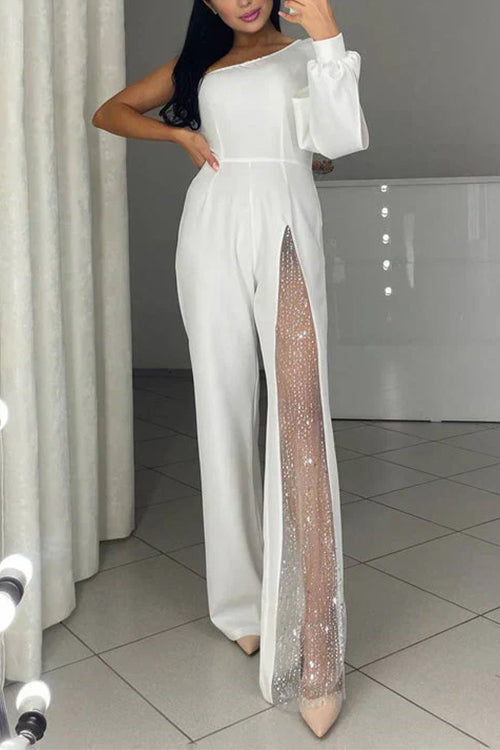Heididress Stylish One Shoulder Slit Long Sleeve Mesh Splice Wide Leg Jumpsuit