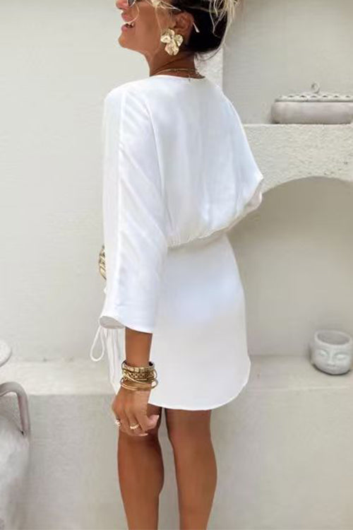 Wrap V Neck Side Drawstring Satin Mini Dress