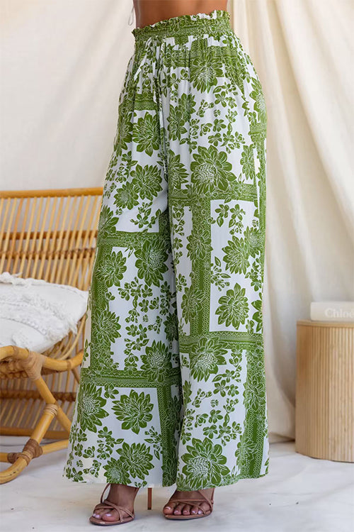 Elastic Waist Floral Print Pocketed Wide Leg Pants