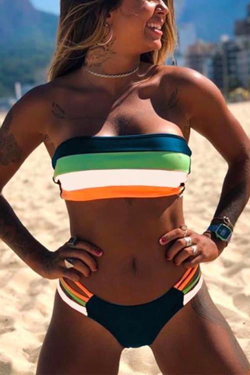 Heididress Rainbow Striped Tube Top Bandeau Bikini Set